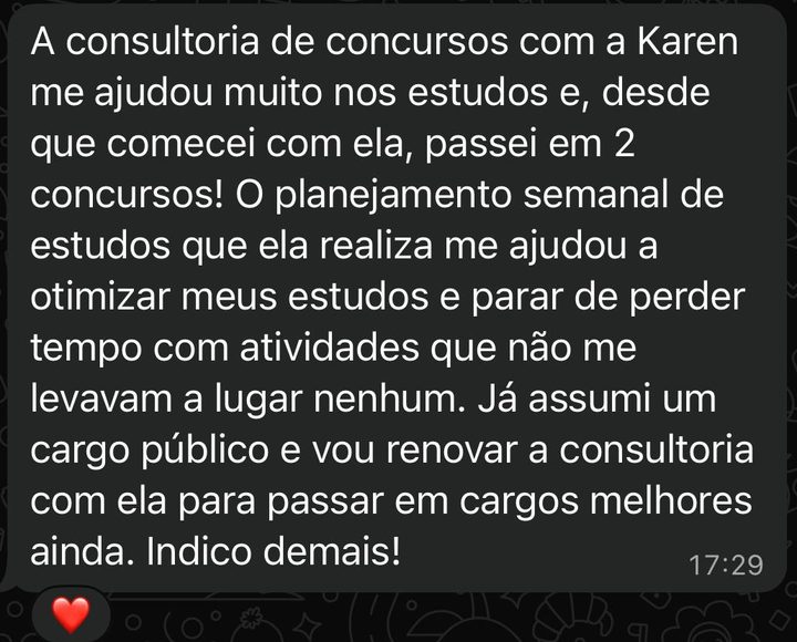 Print de conversa: “desde que comecei com ela, passei em 2 concursos!” e “Já assumi um cargo público”