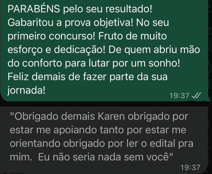 Print de conversa: a Karen comemora o gabarito na prova objetiva no primeiro concurso, e o aluno agradece